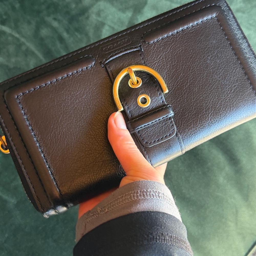 Like New- Coach Black Leather Zip-Around Wallet with Gold Buckle Accent. - Picture 6 of 6